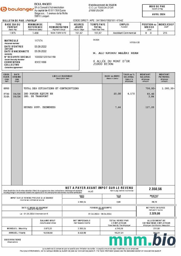 Szablon Boulanger payslip (w języku francuskim) w formatach Word i PDF, 2